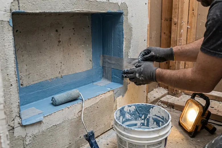 Application d’une natte d’étanchéité et de bandes d’angle sur les parois d’une niche de douche avant carrelage